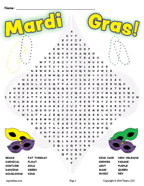 MARDI GRAS CARNIVAL Word Search Puzzle Worksheet Activity