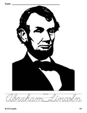 Free printable Abraham Lincoln Presidents' Day coloring page and cursive word tracing worksheet, perfect for preschool, pre-k, and kindergarten, PDF