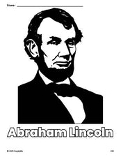 Free printable Abraham Lincoln Presidents' Day coloring page for preschool, pre-k, and kindergarten, PDF