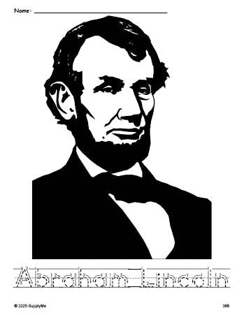 Free printable Abraham Lincoln Presidents' Day coloring page and word tracing worksheet, letter formation guides, perfect for preschool, pre-k, and kindergarten, PDF