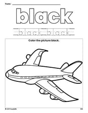 Free airplane color black coloring page and color worksheet, black worksheet for preschoolers to learn colors, printable PDF