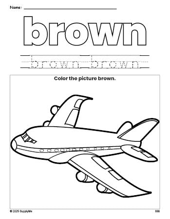 Free airplane color brown coloring page and color worksheet, brown worksheet for preschoolers to learn colors, printable PDF