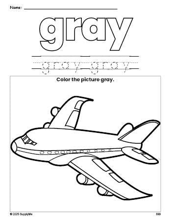 Free airplane color gray coloring page and color worksheet, gray worksheet for preschoolers to learn colors, printable PDF