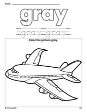 Free airplane color gray coloring page and color worksheet, gray worksheet for preschoolers to learn colors, printable PDF