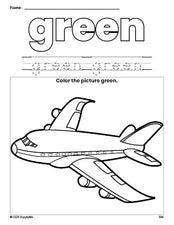 Free airplane color green coloring page and color worksheet, green worksheet for preschoolers to learn colors, printable PDF