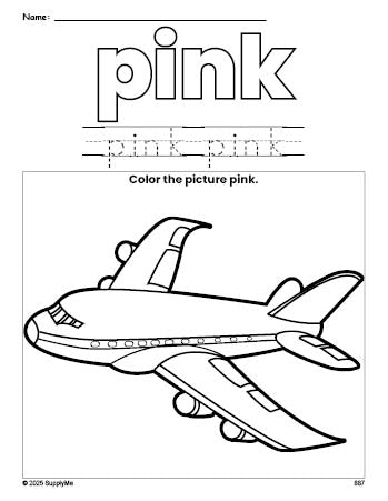 Free airplane color pink coloring page and color worksheet, pink worksheet for preschoolers to learn colors, printable PDF