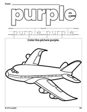 Free airplane color purple coloring page and color worksheet, purple worksheet for preschoolers to learn colors, printable PDF