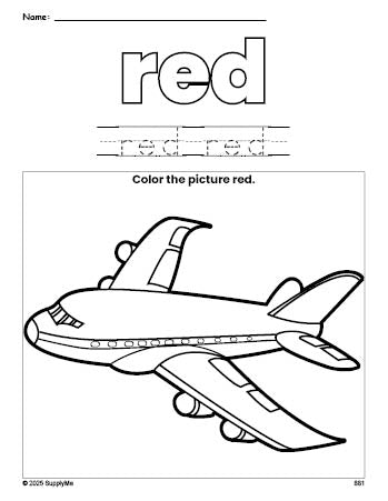 Free airplane color red coloring page and color worksheet, red worksheet for preschoolers to learn colors, printable PDF