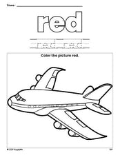 Free airplane color red coloring page and color worksheet, red worksheet for preschoolers to learn colors, printable PDF