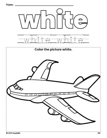 Free airplane color white coloring page and color worksheet, white worksheet for preschoolers to learn colors, printable PDF