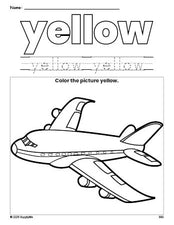 Free airplane color yellow coloring page and color worksheet, yellow worksheet for preschoolers to learn colors, printable PDF