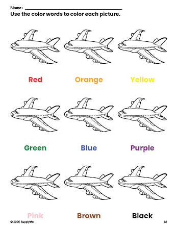 Free airplane coloring page and color worksheet for preschoolers to learn colors, printable PDF