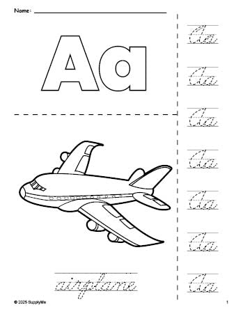 Free printable airplane coloring page and cursive letter tracing worksheet, letter a worksheet for preschool, pre-k, and kindergarten, PDF