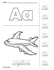 Free printable airplane coloring page and cursive letter tracing worksheet, letter a worksheet for preschool, pre-k, and kindergarten, PDF