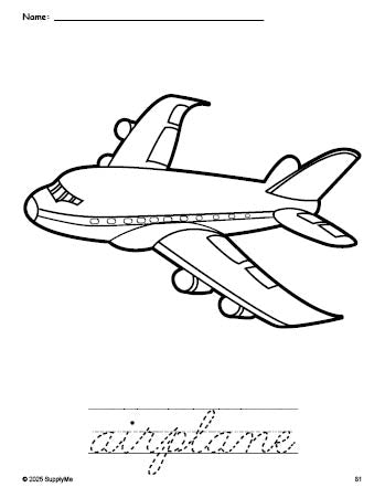 Free printable airplane coloring page and cursive word tracing worksheet, perfect for preschool, pre-k, and kindergarten, PDF