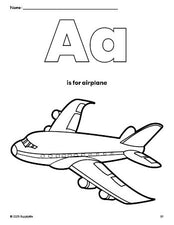 Free printable airplane coloring page, letter a coloring page for preschool, pre-k, and kindergarten, PDF