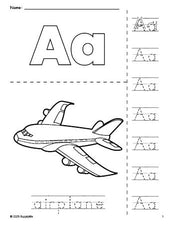 Free printable airplane coloring page and letter tracing worksheet, letter a worksheet for preschool, pre-k, and kindergarten, PDF