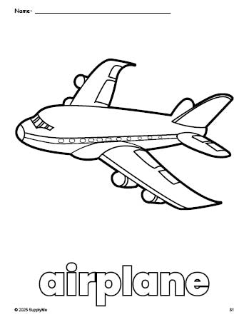 Free printable airplane coloring page for preschool, pre-k, and kindergarten, PDF