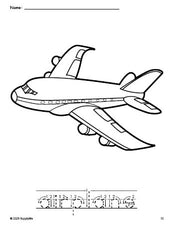 Free printable airplane coloring page and word tracing worksheet, letter formation guides, perfect for preschool, pre-k, and kindergarten, PDF