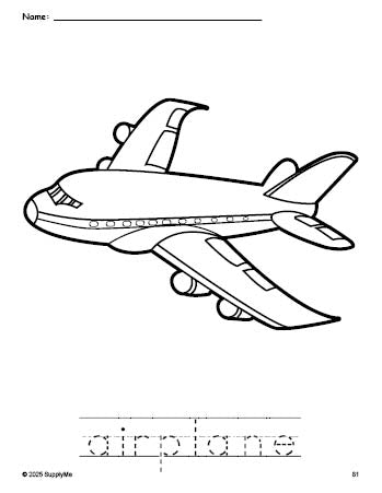 Free printable airplane coloring page and word tracing worksheet, perfect for preschool, pre-k, and kindergarten, PDF