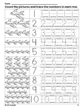 Free printable airplane counting worksheet for preschool and pre-k with number tracing practice 1-10, PDF