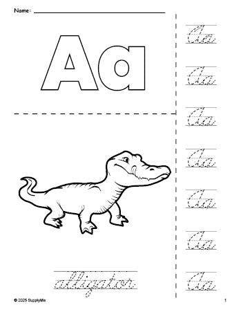 Free printable alligator coloring page and cursive letter tracing worksheet, letter a worksheet for preschool, pre-k, and kindergarten, PDF