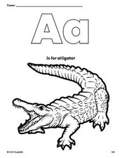 Free printable alligator coloring page, letter a coloring page for preschool, pre-k, and kindergarten, PDF