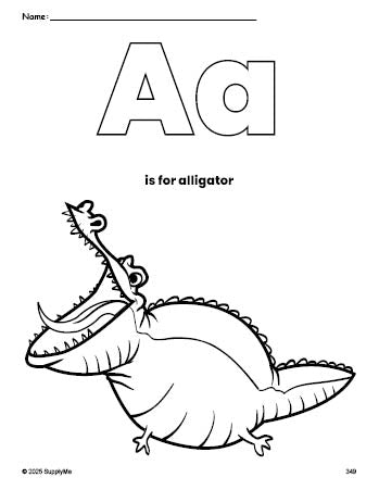 Free printable alligator coloring page, letter a coloring page for preschool, pre-k, and kindergarten, PDF