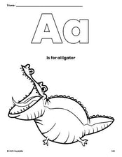 Free printable alligator coloring page, letter a coloring page for preschool, pre-k, and kindergarten, PDF