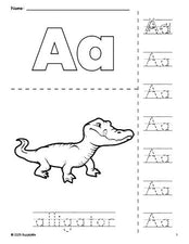 Free printable alligator coloring page and letter tracing worksheet, letter a worksheet for preschool, pre-k, and kindergarten, PDF