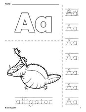 Free printable alligator coloring page and letter tracing worksheet, letter a worksheet for preschool, pre-k, and kindergarten, PDF