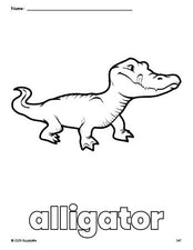 Free printable alligator coloring page for preschool, pre-k, and kindergarten, PDF