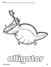 Free printable alligator coloring page for preschool, pre-k, and kindergarten, PDF