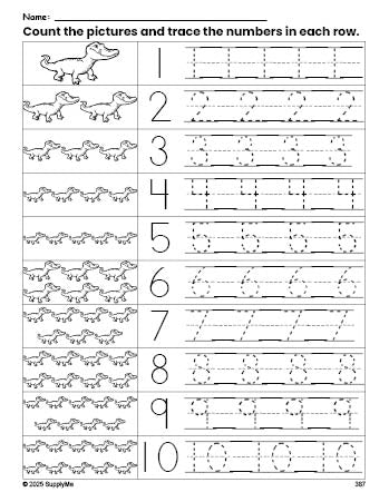 Free printable alligator counting worksheet for preschool and pre-k with number tracing practice 1-10, PDF