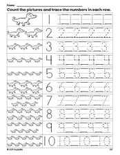 Free printable alligator counting worksheet for preschool and pre-k with number tracing practice 1-10, PDF