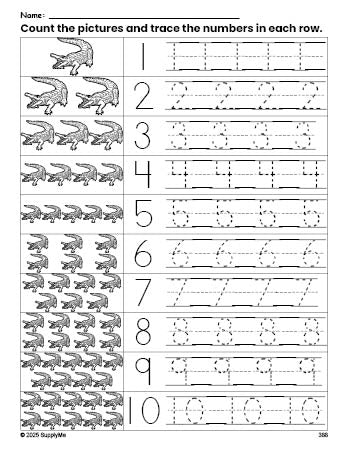 Free printable alligator counting worksheet for preschool and pre-k with number tracing practice 1-10, PDF