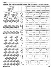 Free printable alligator counting worksheet for preschool and pre-k with number tracing practice 1-10, PDF