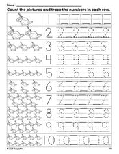 Free printable alligator counting worksheet for preschool and pre-k with number tracing practice 1-10, PDF