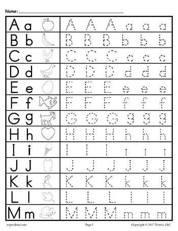 Alphabet Letter Tracing Worksheet Letters A-M Uppercase and Lowercase Letters