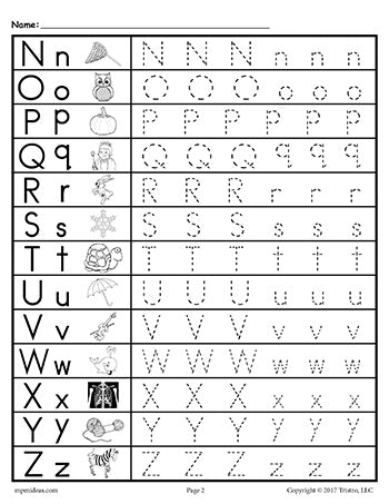 Alphabet Letter Tracing Worksheet Letters N-Z Uppercase and Lowercase Letters