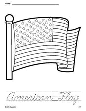 Free printable American Flag Fourth of July coloring page and cursive word tracing worksheet, perfect for preschool, pre-k, and kindergarten, PDF