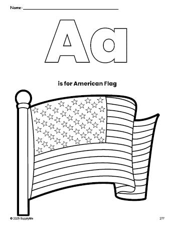 Free printable American Flag Fourth of July coloring page, letter a coloring page for preschool, pre-k, and kindergarten, PDF