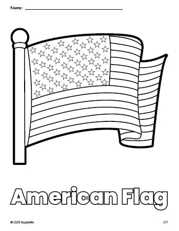 Free printable American Flag Fourth of July coloring page for preschool, pre-k, and kindergarten, PDF