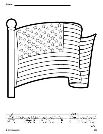 Free printable American Flag Fourth of July coloring page and word tracing worksheet, letter formation guides, perfect for preschool, pre-k, and kindergarten, PDF