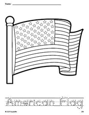 Free printable American Flag Fourth of July coloring page and word tracing worksheet, letter formation guides, perfect for preschool, pre-k, and kindergarten, PDF