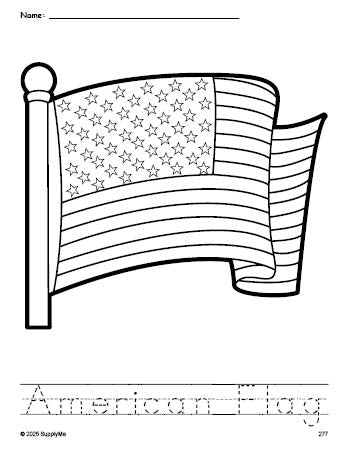 Free printable American Flag Fourth of July coloring page and word tracing worksheet, perfect for preschool, pre-k, and kindergarten, PDF