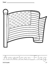 Free printable American Flag Fourth of July coloring page and word tracing worksheet, perfect for preschool, pre-k, and kindergarten, PDF