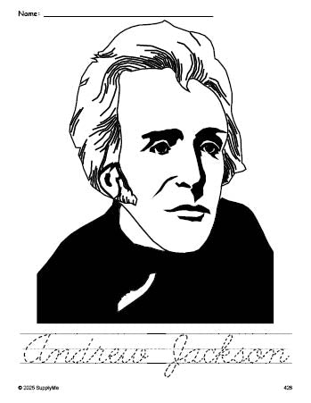 Free printable Andrew Jackson Presidents' Day coloring page and cursive word tracing worksheet, perfect for preschool, pre-k, and kindergarten, PDF