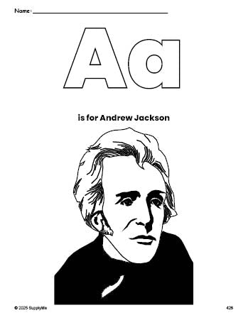 Free printable Andrew Jackson Presidents' Day coloring page, letter a coloring page for preschool, pre-k, and kindergarten, PDF