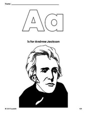 Free printable Andrew Jackson Presidents' Day coloring page, letter a coloring page for preschool, pre-k, and kindergarten, PDF